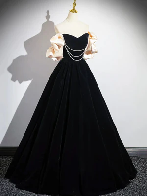 Sweet Off Shoulder Floor Length Beading Black Velvet Long Prom Dresses, Formal Graduation Evening Dresses GG016