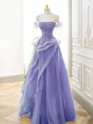 Elegant A Line Off Shoulder Crystals Purple Lace Long Prom Dresses, Formal Dresses, Purple Evening Dresses GG020