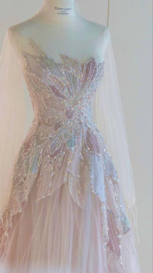 Delicate A Line Sheer Straps Sequins Tulle Long Prom Dress GG033