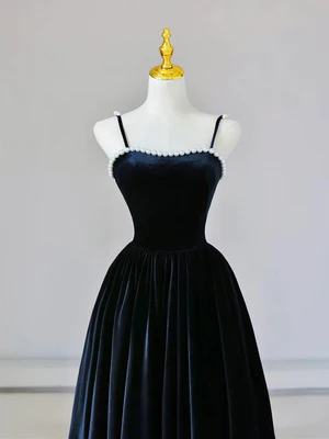 Elegant A Line Dark Navy Blue Velvet Pearl Spaghetti Straps Long Prom Dresses, Long Formal Evening Dresses GG058