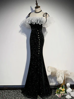 New Delicate Mermaid Off the Shoulder Pearl Shiny Black Long Prom Dresses, Shiny Black Long Formal Dresses GG067