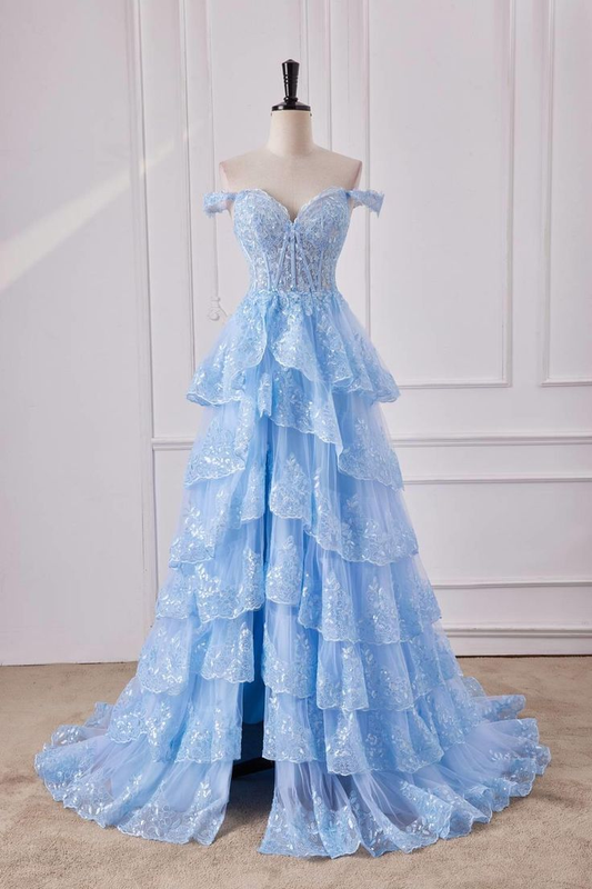 New Shiny A Line Off The Shoulder Lace Layered Sequin Ruffles Long Prom Dresses ,Long Formal Evening Dresses GG084