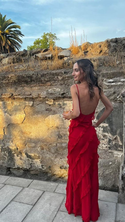 Chic Mermaid Spaghetti Straps Red Satin Ripple Long Prom Dress,Evening Dress GG1029