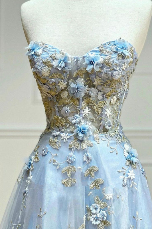 New Exquisite A Line Sweetheart Blue Applique Tulle Long Prom Dresses, Evening Dress GG117