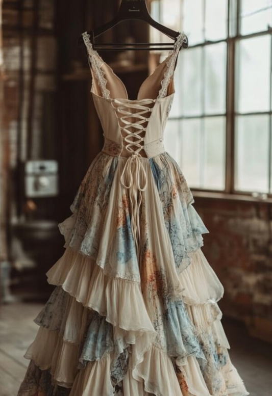 Vintage A Line Spaghetti Straps Satin Tiered Printing Long Prom Dress,Evening Dress GG1216