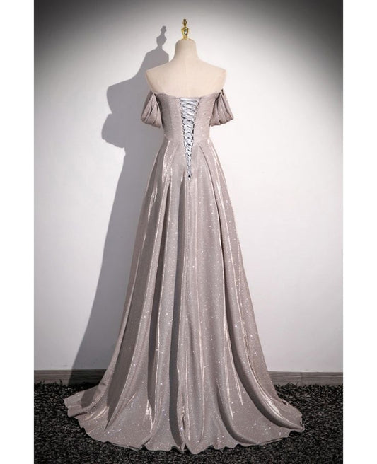 Shiny A Line Off The Shoulder Silver Simple Long Pleats Prom Dress Long Prom Dresses,Evening Dresses GG126