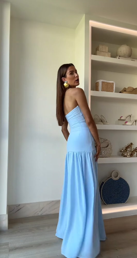 Cute A Line Strapless Pale Blue Chiffon Slit Long Prom Dress,Evening Dress GG1299