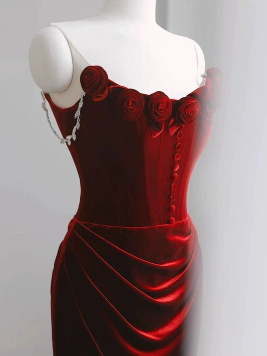 Sexy A Line Spaghetti Straps Red Velvet Long Floral Prom Dresses,Evening Dresses GG133