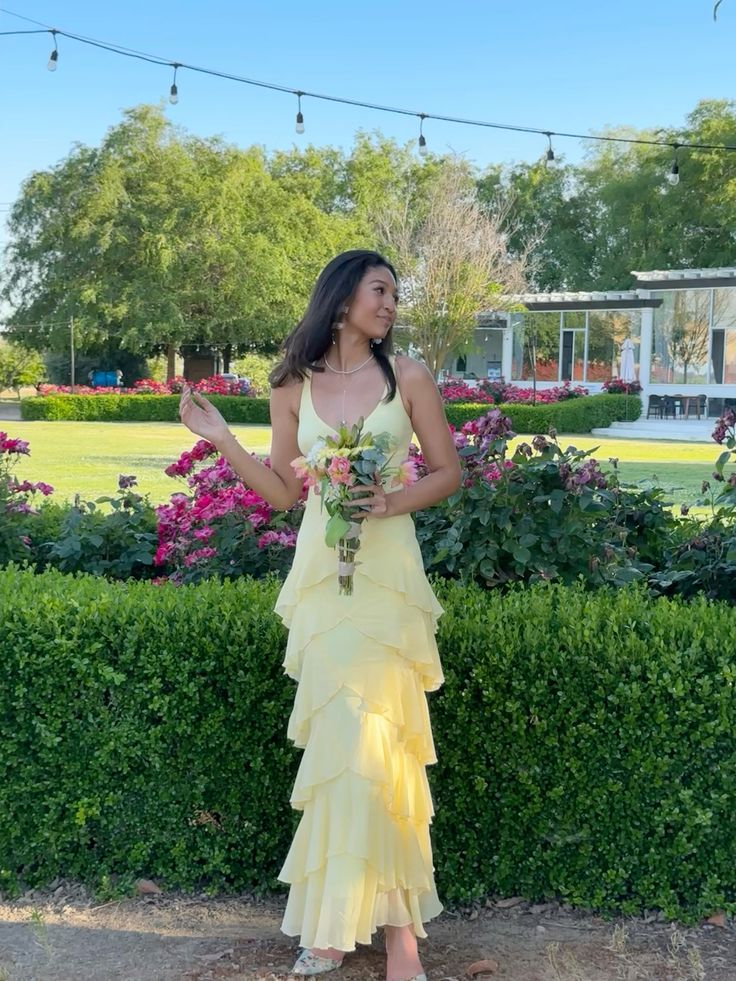 Elegant A Line V Neck Pastel Yellow Chiffon Tiered Long Prom Dress,Eve