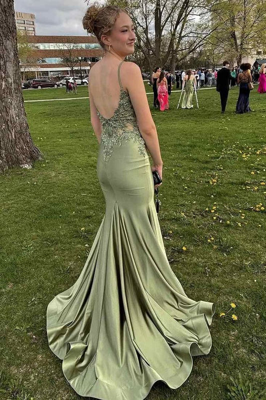 Elegant Mermaid Spaghetti Straps V Neck Satin Applique Long Prom Dress,Evening Dress GG1529