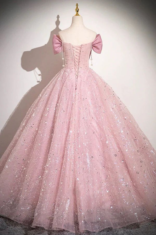 Elegant A Line Off The Shoulder Pink Bow Tulle Sequins Long Prom Dress,Evening Dresses GG155