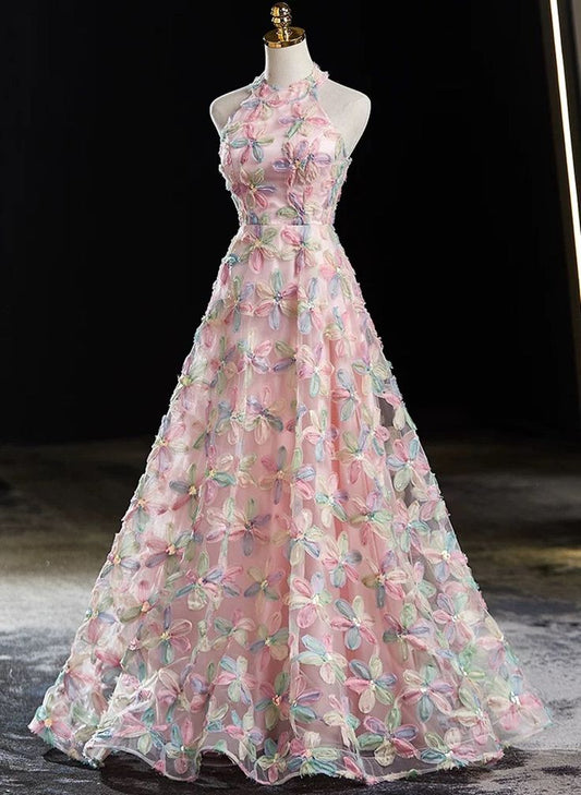 Delicate A Line Pink Halter Lace Applique Floor Length Long Prom Dress, Pink Lace Evening Dresses GG156