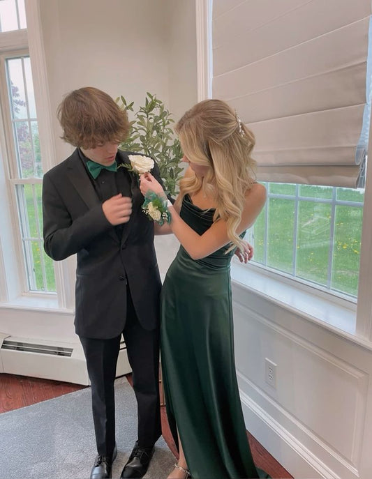 Simple Mermaid Spaghetti Straps Dark Green Satin Pleated Slit Long Prom Dress,Evening Dress GG1627