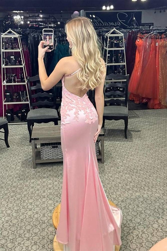Sexy Mermaid Halter Straps Pink Satin Applique Backless Long Prom Dress,Evening Dress GG1673