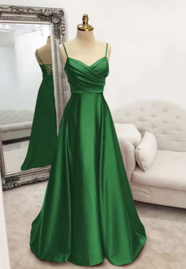 Elegant A Line Spaghetti Straps Satin Pleated Long Prom Dress,Bridesmaid Dress,Evening Dress GG1723