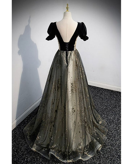Elegant A Line Black Short Bubble Tulle Sparkly Sequins Long Prom Dress,Evening Dresses GG177