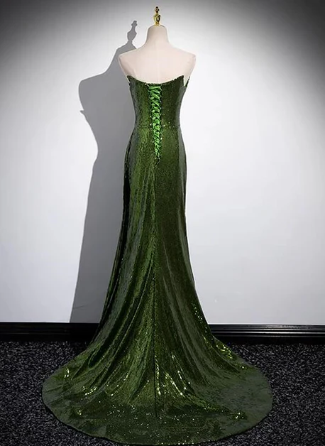 Shiny Mermaid Strapless Green Sequins Split Long Prom Dress, Evening Dresses GG212