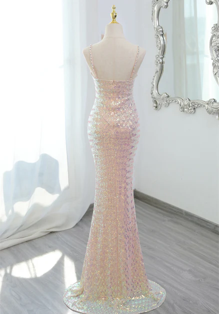 Lovely Sequins Mermaid V Neckline Straps Pearl Long Prom Dress, Evening Dresses GG213