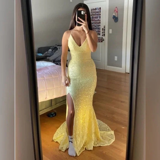 Pretty Mermaid Spaghetti Straps Pastel Yellow Satin Lace Slit Long Prom Dress,Evening Dress GG2141