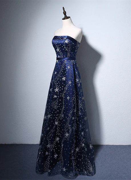 Elegant A Line Strapless Navy Blue Tulle Long Prom Dress,Evening Dresses GG222