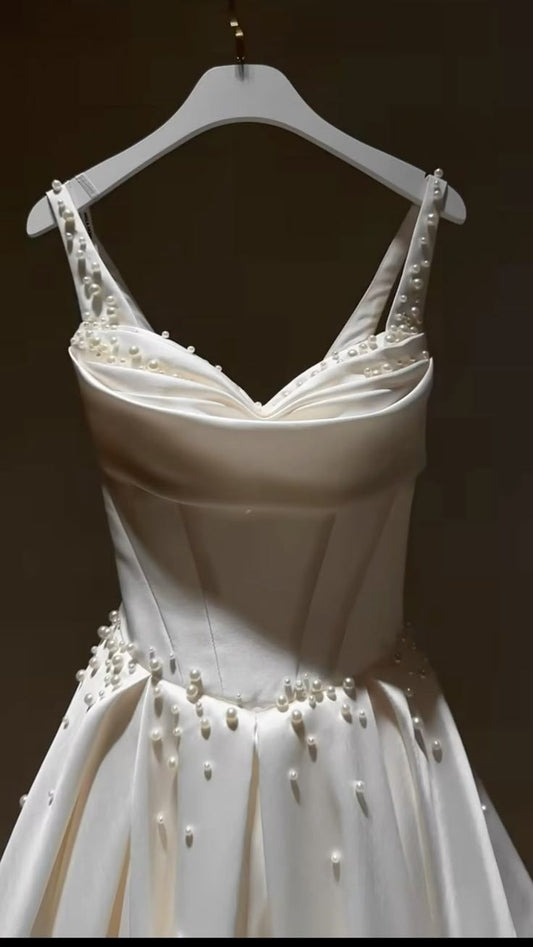 Classy A Line Spaghetti Straps White Satin Pearl Long Prom Dress,Party Dress,Evening Dress GG2327