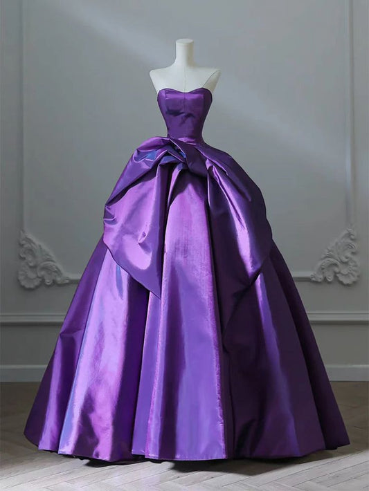 Unique Ball Gown Strapless Purple Satin Long Prom Dress, Party Dress, Evening Dress GG2422