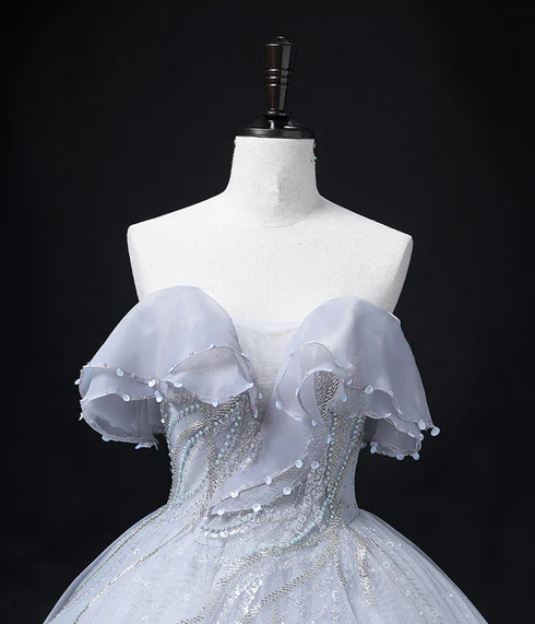 Exquisite A Line Strapless Sliver Grey Tulle Sequin Long Prom Dress,Wedding Dresses,Evening Dress GG245