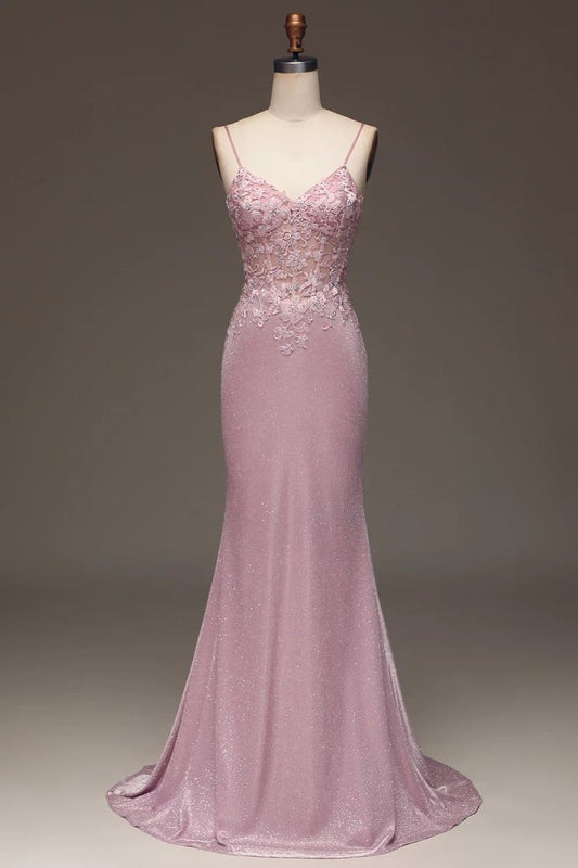 Glitter Mermaid Spaghetti Straps Dusty Rose Beading Applique Long Prom Dress,Evening Dresses GG257
