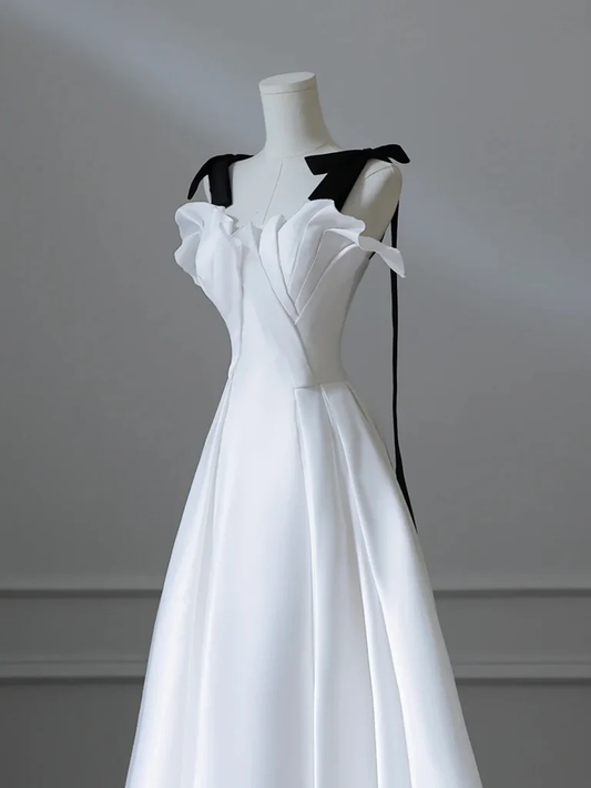 Elegant A Line Sweetheart White Satin With Black Shoulder Straps Long Prom Gresses,Evening Dresses GG263
