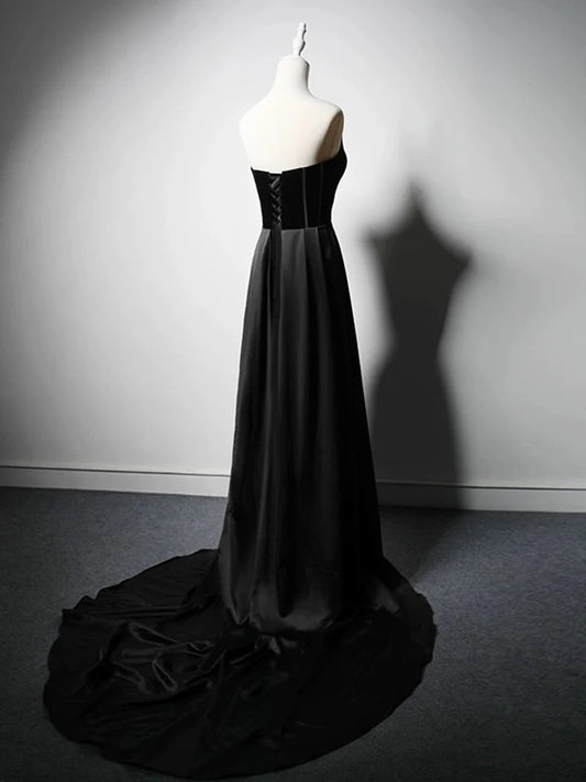 Elegant A Line Strapless Black Satin Sweep Long Prom Gresses,Evening Dresses GG265