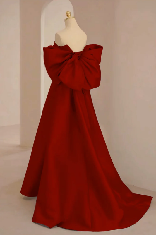 Chic A Line Sweetheart Neck Strapless Satin Back With Bow Train Burgundy Long Prom Dress, Evening Dress GG274