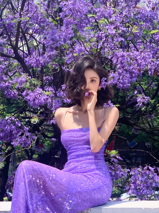 Shiny Mermaid Spaghetti Straps Purple Sequin Long Prom Dress, Party Dress, Evening Dress GG2757