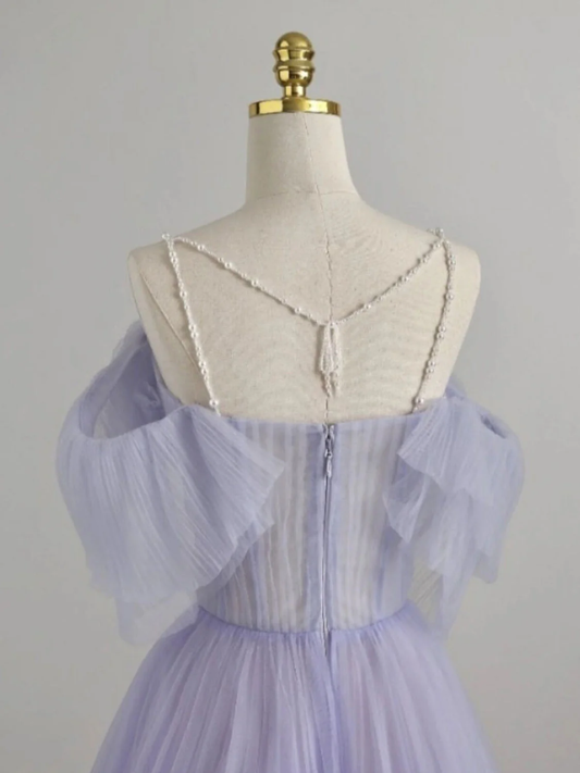 Elegant A Line Off The Shoulder Spaghetti Beading Straps Lavender Tulle Long Prom Dress, Evening Dress GG282