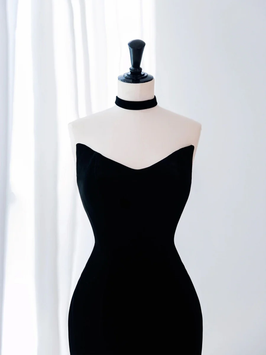 Elegant Black Mermaid Strapless Velvet White Tulle Stitching At The Hem Long Prom Dress, Evening Dress GG288