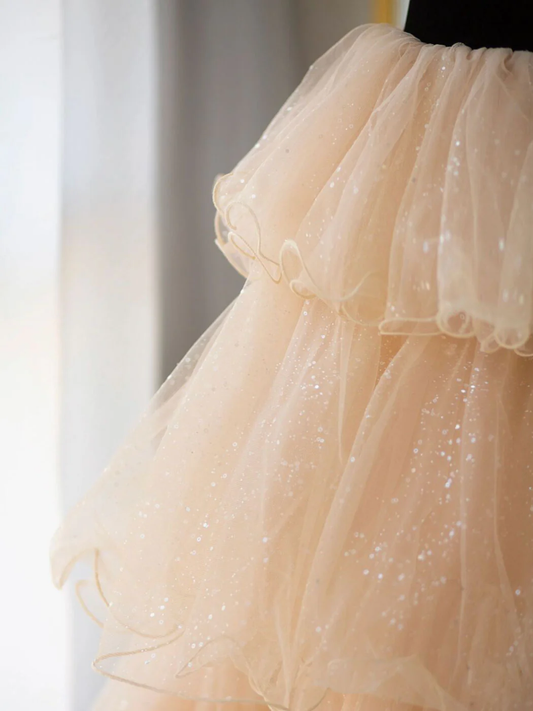 Chic A Line Black Velvet And Champagne Tulle Cake Skirt Stitching Sequin Beading Long Prom Dress, Evening Dress GG293
