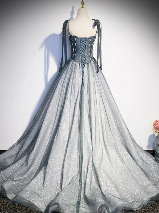 Delicate A Line Spaghetti Straps Bow Shoulder Beading Tulle Long Prom Dress,Evening Dress GG299
