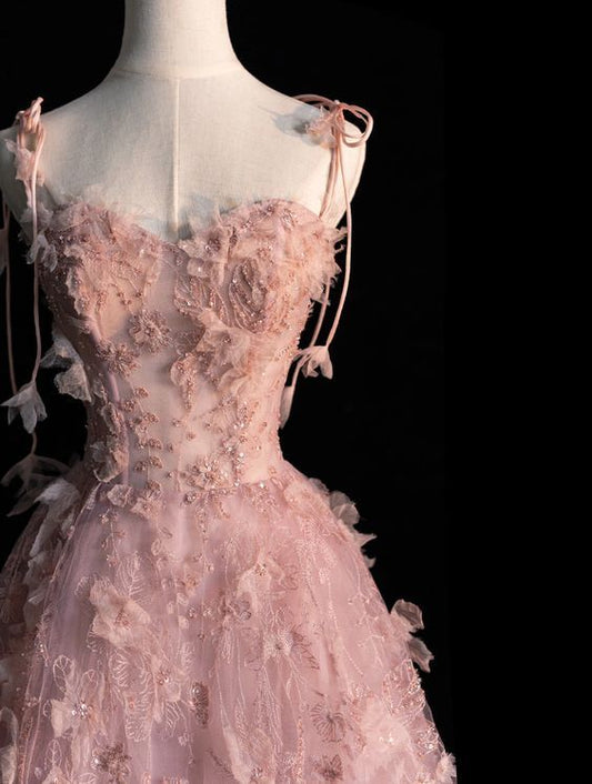 Princess A Line Spaghetti Straps Tulle Applique Long Wedding Dress GG3008