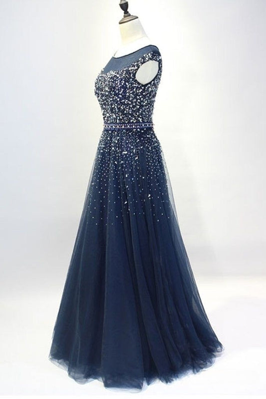 Navy Blue A Line Tulle Beaded Long Mother Of Bride Dress,Evening Dress GG3046