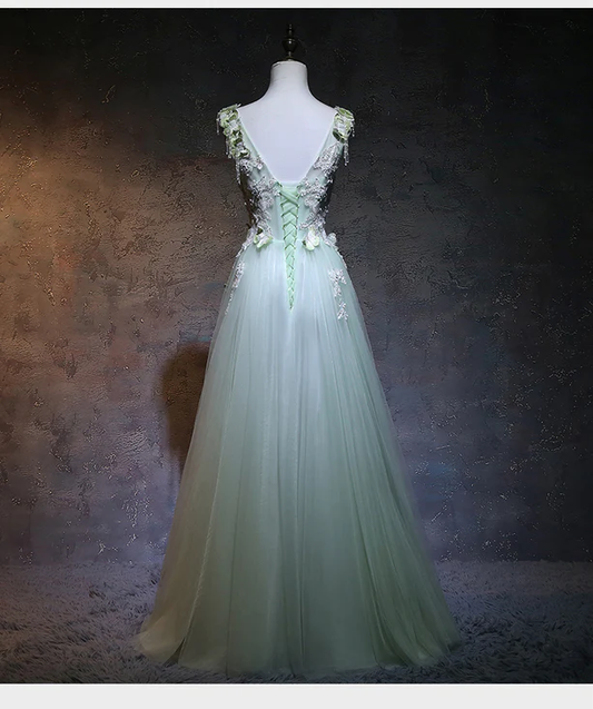 Beautiful A Line Light Green Tulle Applique Long Prom Dress,Evening Dress GG381