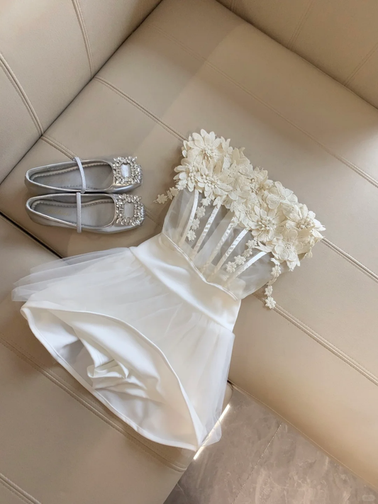 Chic A Line Strapless Satin Tulle Applique Short Homecoming Dress,Summer 19th Birthday Dress GG4169