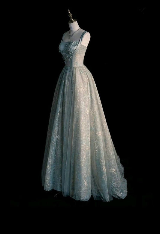 Elegant A Line Square Satin Applique Tulle Long Prom Dress, Evening Dress GG441