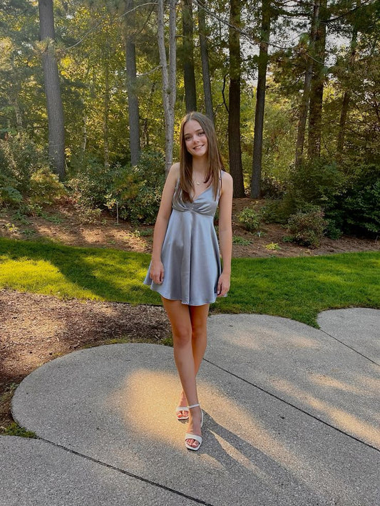 Simple A Line Gray Spaghetti Straps Satin Short Homecoming Dress,Vacation Dress,Summer 19th Birthday Dress GG4778