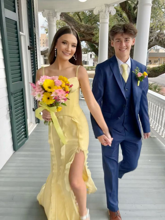Pretty Pastel Yellow Mermaid Spaghetti Straps Satin Ruffle Chiffon Slit Long Prom Dress,Party Dress,Formal Evening Dress GG4899