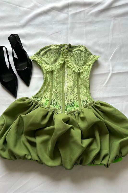Green A Line Strapless Satin Lace Short Homecoming Dress,Vacation Dress,18th Birthday Dress GG5039