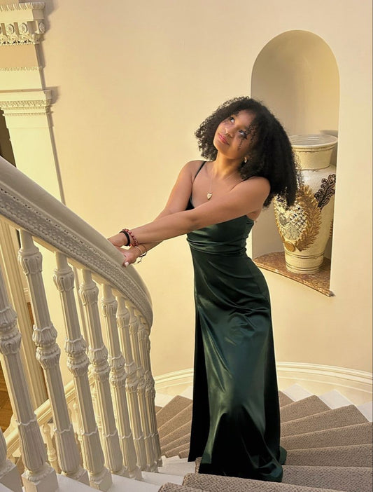 Dark Green Mermaid Spaghetti Straps Satin Slit Long Prom Dress,Evening Dress GG5096