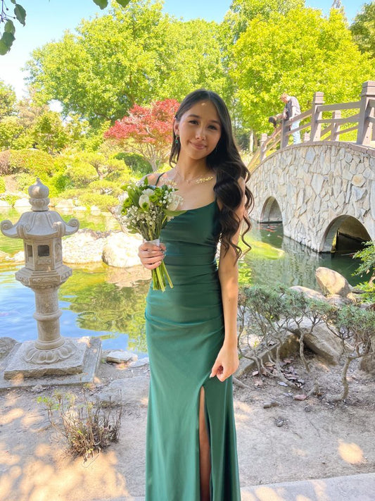 Dark Green Simple Mermaid Spaghetti Straps Satin Slit Long Prom Dress,Evening Dress GG5100