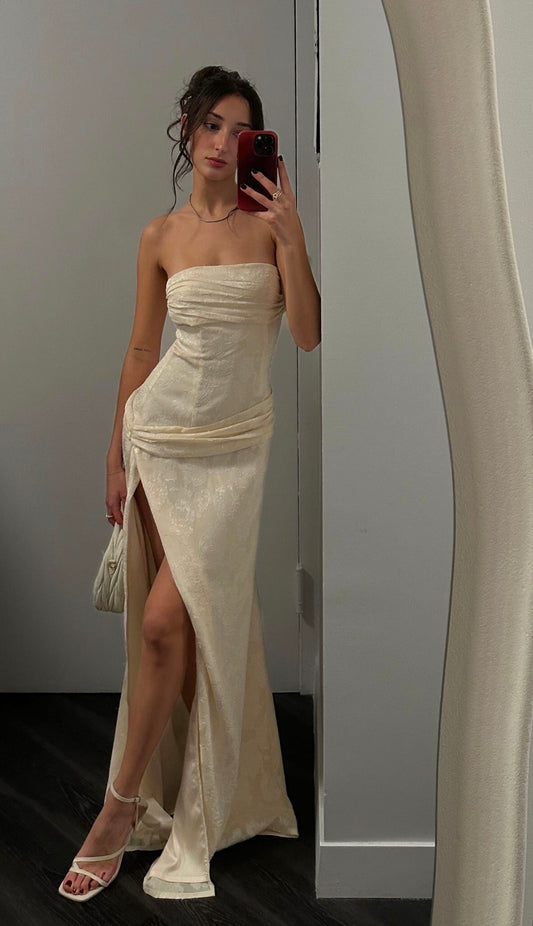 Pretty Mermaid Strapless Satin Lace Slit Long Prom Dress,Evening Dress GG5171