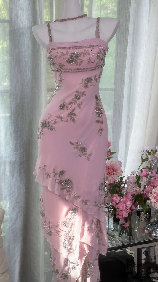 Pretty Pink Mermaid Spaghetti Straps Chiffon Tiered Sequin Long Prom Dress,Evening Dress GG5216