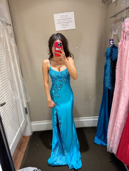 Pretty Mermaid Spaghetti Straps Satin Sequin Slit Long Prom Dress,Evening Dress GG5245