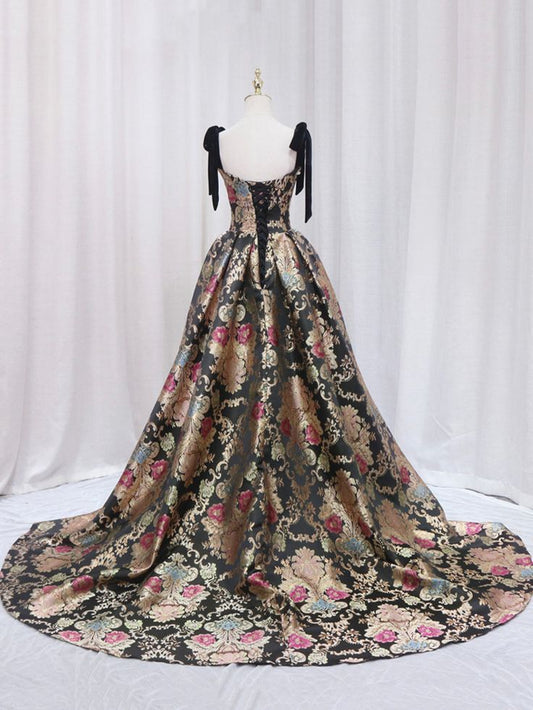 Retro A Line Square Satin Printed Long Prom Dress,Evening Dress GG536